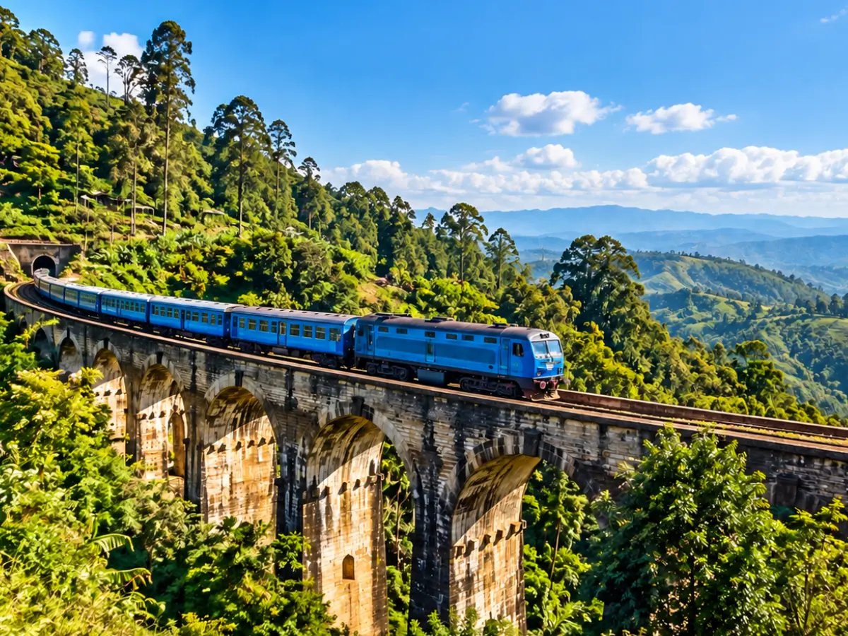 Travelers walking through lush Sri Lankan hill country
